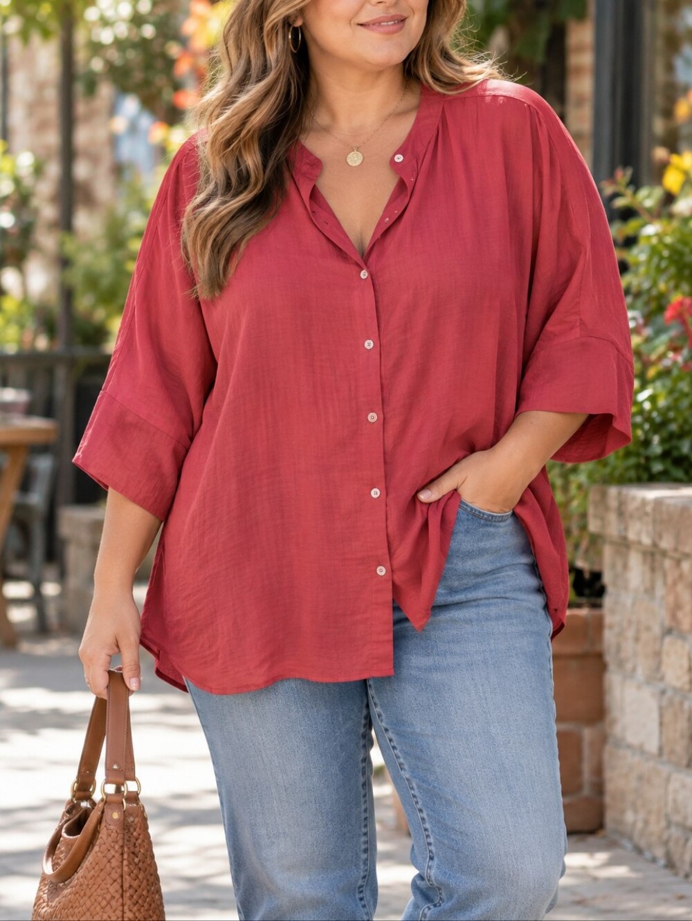 Gigio Plus Size Rose Red Relaxed Button Down Oversized Tunic Shirt Blouse Casual